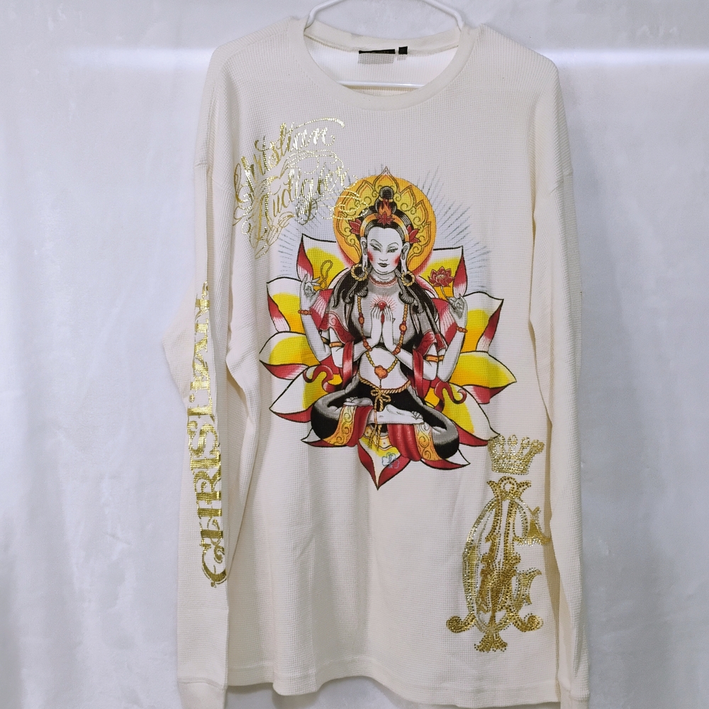 Christian Audigier Waffle Thermal Shirt Mens XL Buddha Gold Hardy Dutch NWOT C